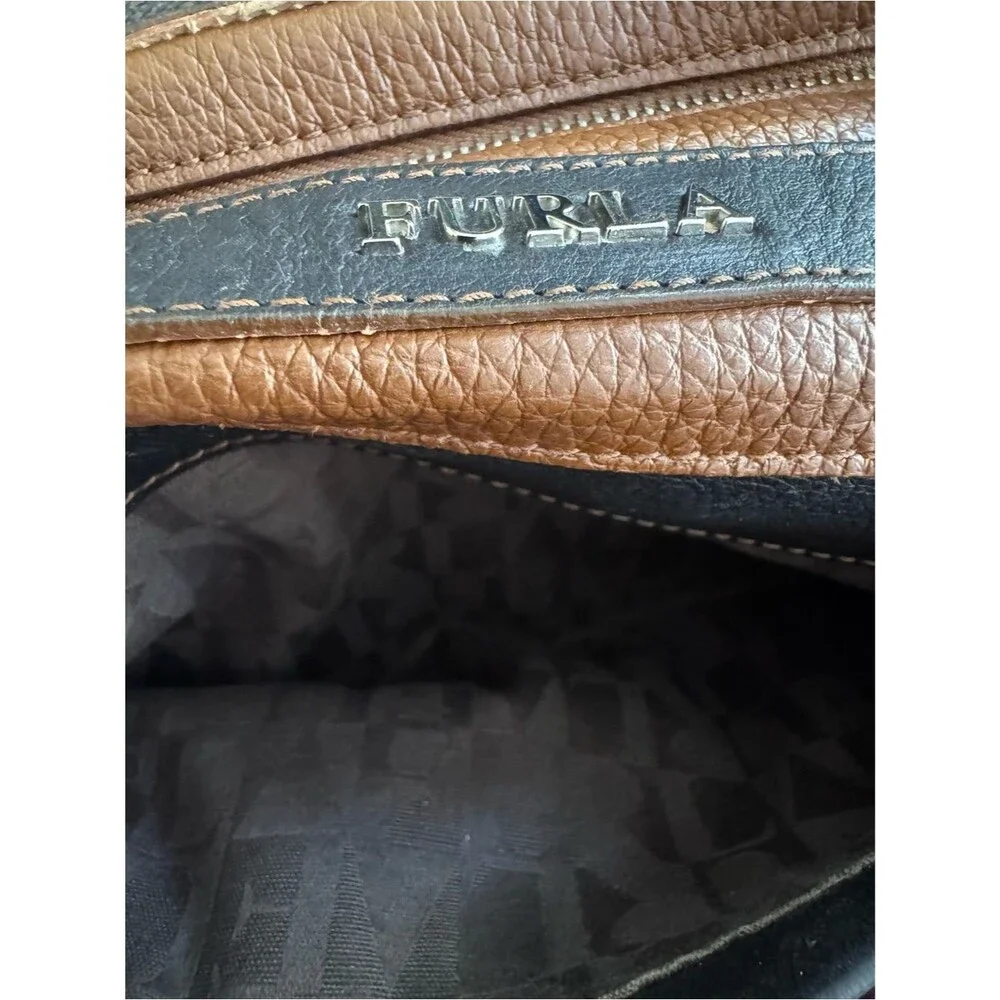 Furla Pebbled Leather Satchel Cognac Brown Black Colorblock Bowling Tote Bag Y2K
